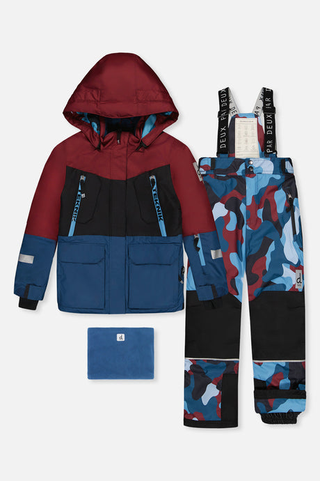Deux par Deux boys' TEKNIK two-piece snowsuit in blue and red camouflage – front view