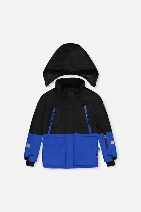 Deux par Deux boys' TEKNIK two-piece snowsuit in royal blue and red, back view