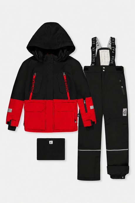 Deux par Deux kids' TEKNIK two-piece snowsuit, red jacket with black pants – front view