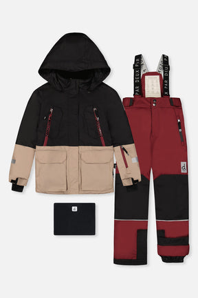 Deux par Deux boys TEKNIK two-piece snowsuit in black, beige and burgundy, front view