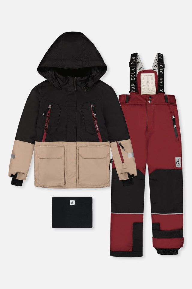 Deux par Deux boys TEKNIK two-piece snowsuit in black, beige and burgundy, front view