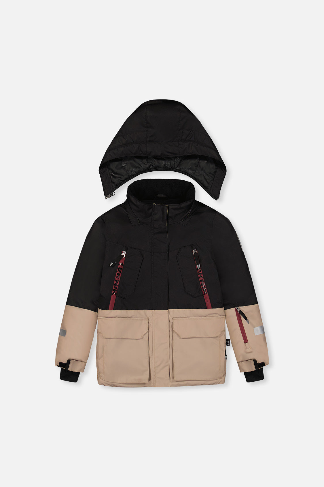 Deux par Deux TEKNIK jacket and snow pants in black, beige and burgundy, back view
