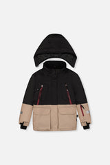Deux par Deux TEKNIK jacket and snow pants in black, beige and burgundy, back view