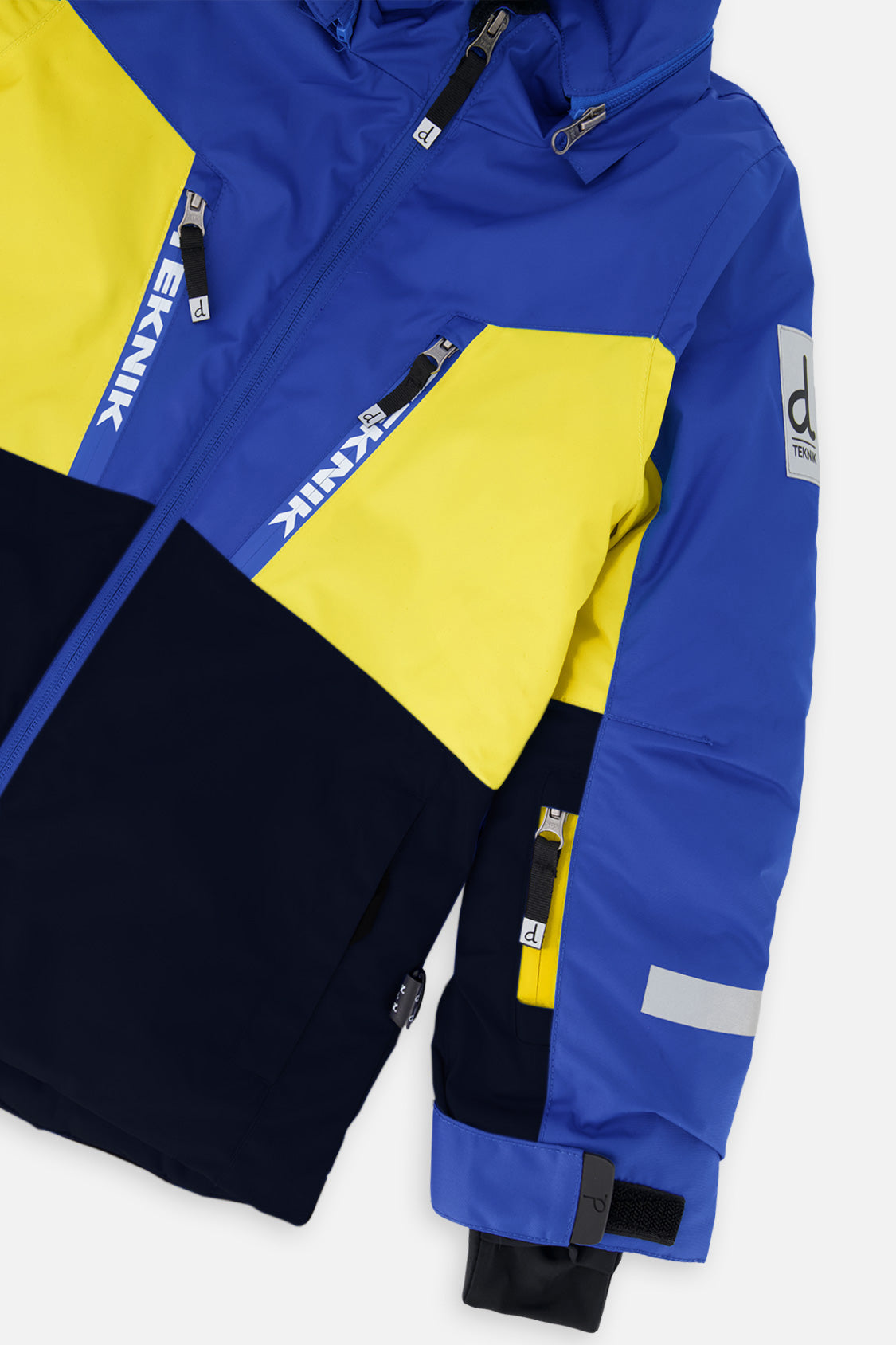 Deux par Deux boys' TEKNIK two-piece snowsuit in royal blue and yellow, additional studio angle