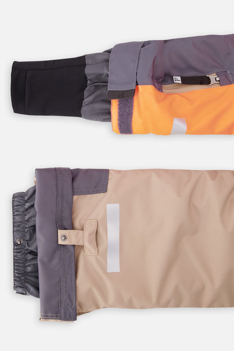 Deux par Deux boys' TEKNIK two-piece snowsuit in bright orange, grey and taupe, another product angle
