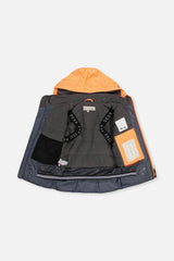 Orange and grey TEKNIK jacket opened to show the fleece lining, inner straps and pocket