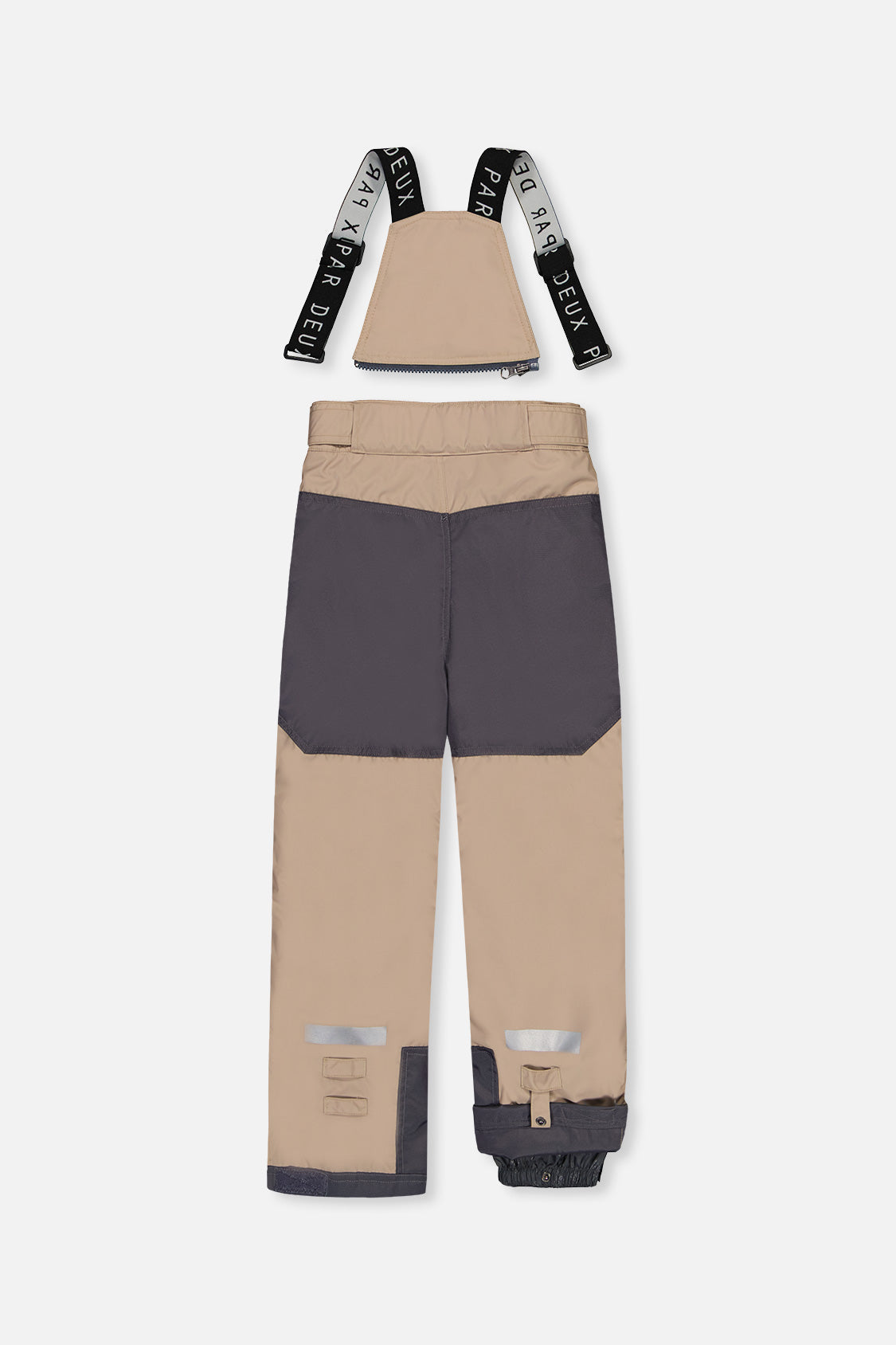 Back of the taupe and grey snow pants with suspenders and reinforced seat