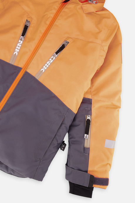 Deux par Deux boys' TEKNIK two-piece snowsuit in bright orange, grey and taupe, additional studio angle