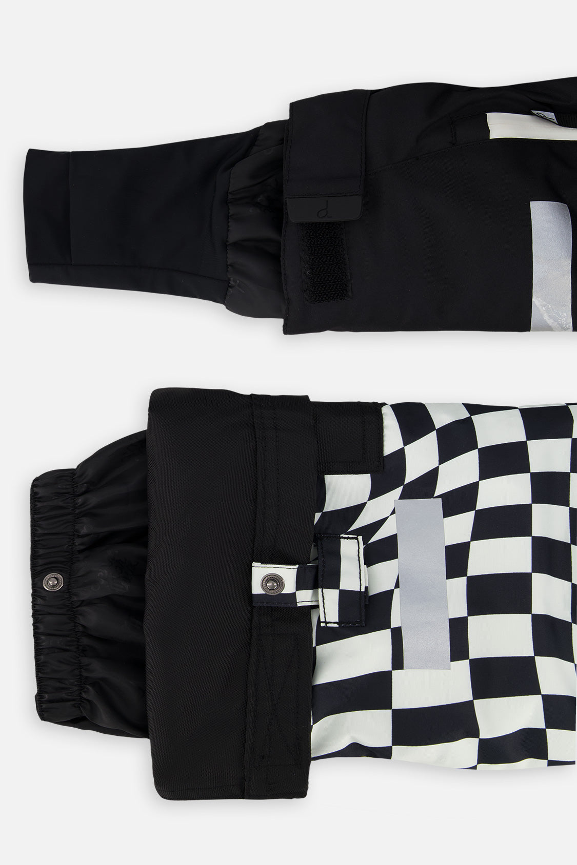 Deux par Deux boys' TEKNIK snowsuit with black jacket and white checkered snow pants, another product angle