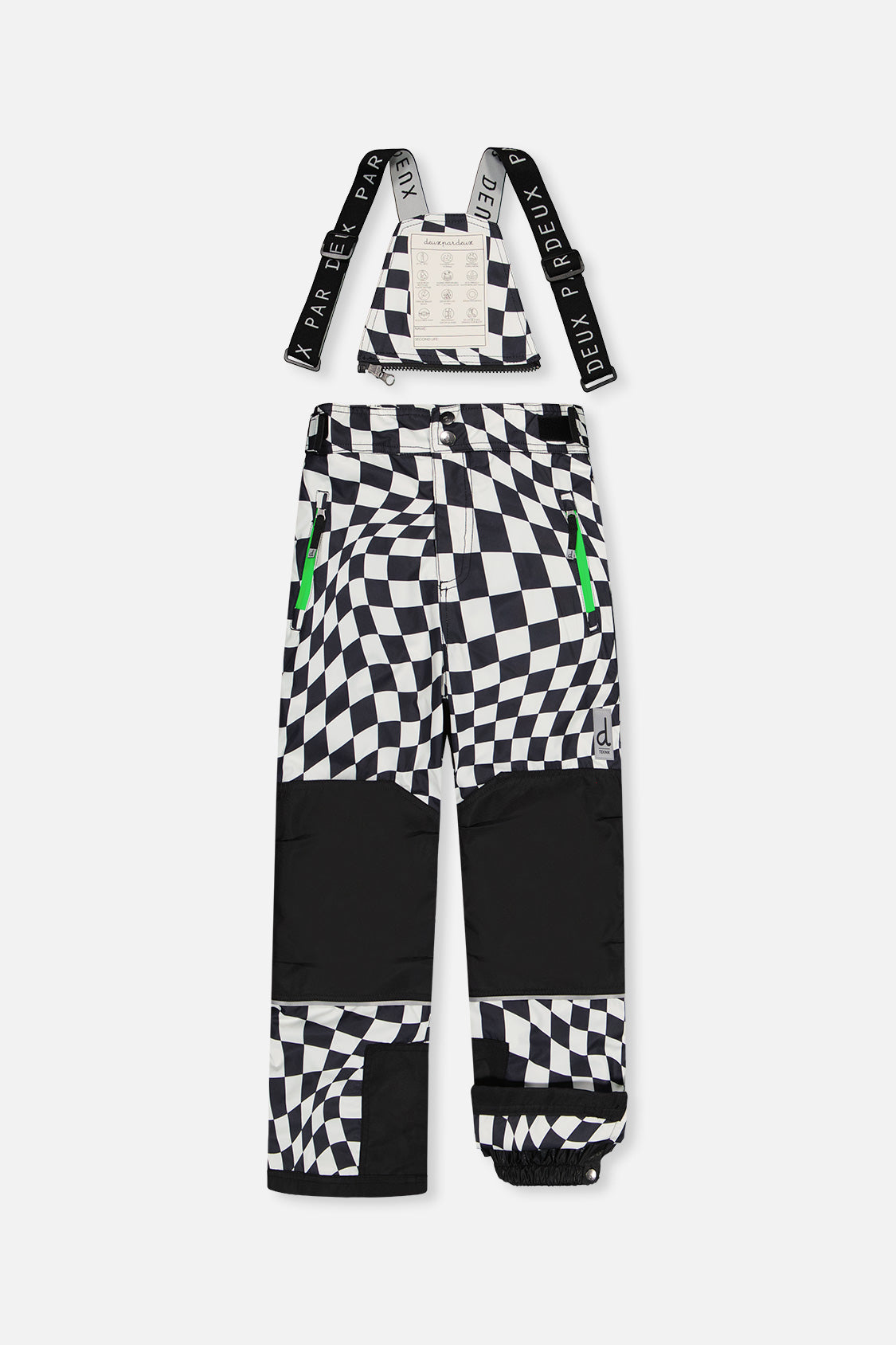 Checkered TEKNIK snow bib pants with black reinforced knees, front view