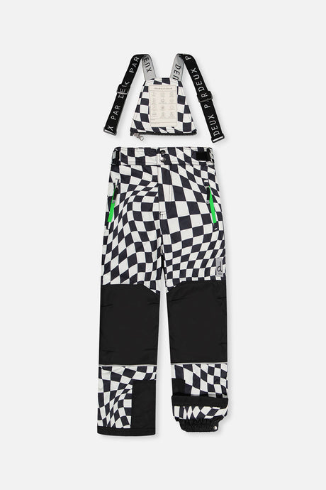 Checkered TEKNIK snow bib pants with black reinforced knees, front view