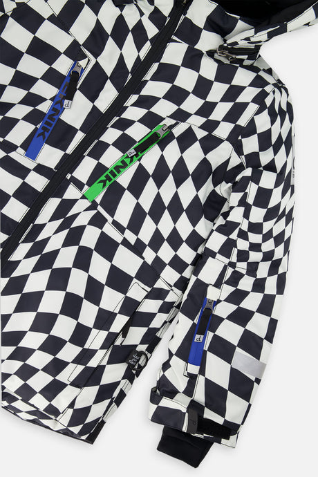 Close-up of the checkered jacket with blue and green zipper pulls