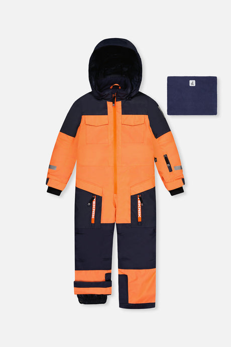 Deux par Deux boys' Teknik one-piece snowsuit in bright orange and blue – main product photo