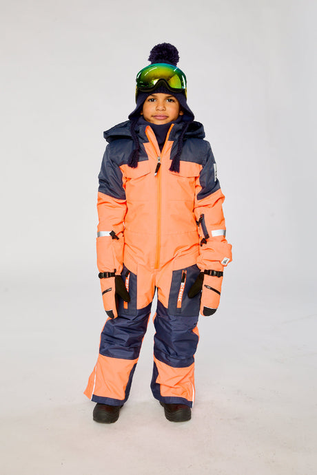 Deux par Deux boys' Teknik one-piece snowsuit in bright orange and blue – worn by child model, photo 1
