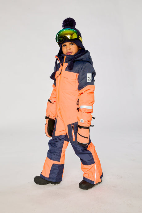 Deux par Deux boys' Teknik one-piece snowsuit in bright orange and blue – worn by child model, photo 2