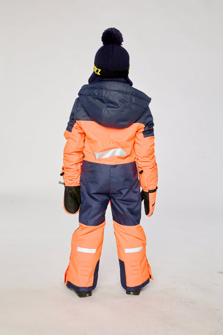 Deux par Deux boys' Teknik one-piece snowsuit in bright orange and blue – worn by child model, photo 3