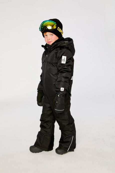 Deux par Deux kids' Teknik one-piece snowsuit in black – worn by child model, photo 2