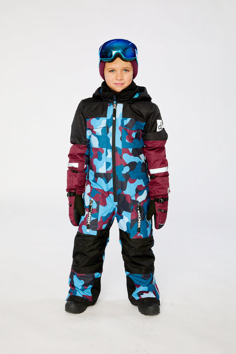 Deux par Deux boys' Teknik one-piece snowsuit in blue and red camouflage – worn by child model, photo 1