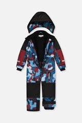 Deux par Deux boys' Teknik one-piece snowsuit in blue and red camouflage – alternate front view