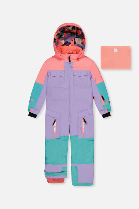 Deux par Deux girls' Teknik one-piece snowsuit in lavender, turquoise and orange, front view
