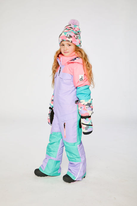 Child wearing the lavender, turquoise and orange Deux par Deux Teknik snowsuit, lookbook photo 2