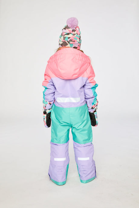 Child wearing the lavender, turquoise and orange Deux par Deux Teknik snowsuit, lookbook photo 3