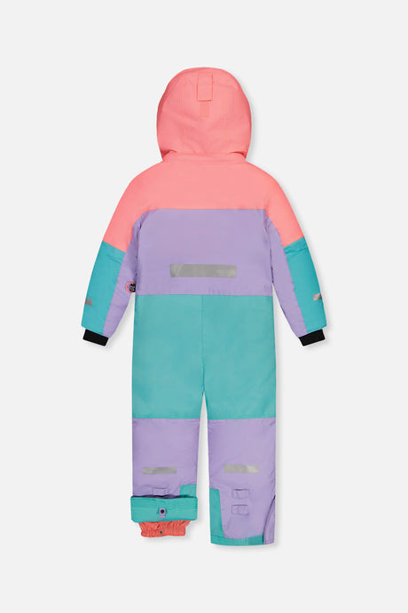 Deux par Deux lavender, turquoise and orange Teknik one-piece snowsuit, back view
