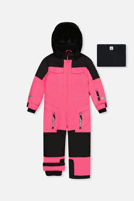 Deux par Deux girls' Teknik one-piece snowsuit in bright pink, front view