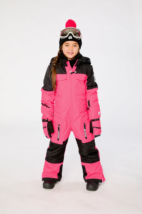 Child wearing the bright pink Deux par Deux Teknik one-piece snowsuit, lookbook photo 1