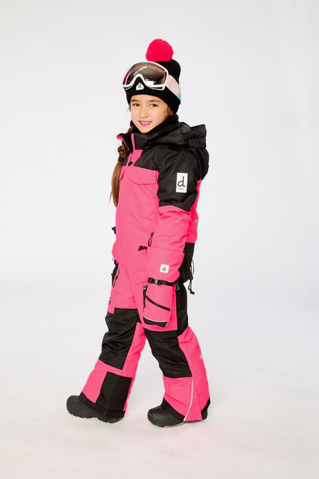 Child wearing the bright pink Deux par Deux Teknik one-piece snowsuit, lookbook photo 2