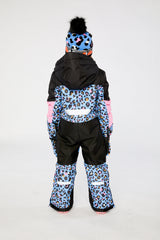 Deux par Deux girls' TEKNIK one-piece snowsuit in blue leopard print – worn by a model, view 4