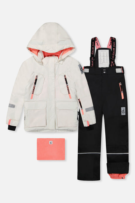 Deux par Deux girls' Teknik two-piece snowsuit, off-white and pink with black pants – main product photo