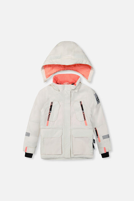 Deux par Deux girls' Teknik two-piece snowsuit, off-white and pink with black pants – product view 2