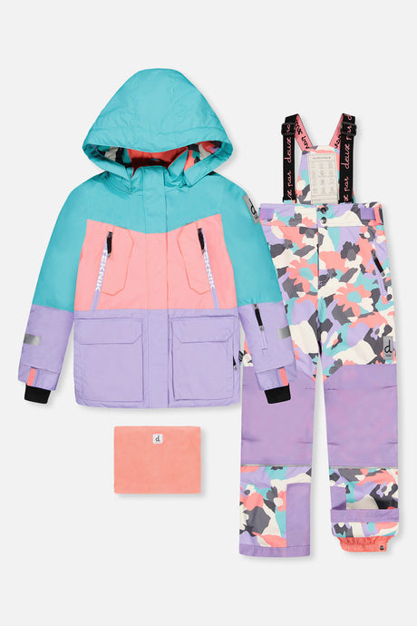 Deux par Deux girls' Teknik two-piece snowsuit in turquoise, orange and mauve – main product photo