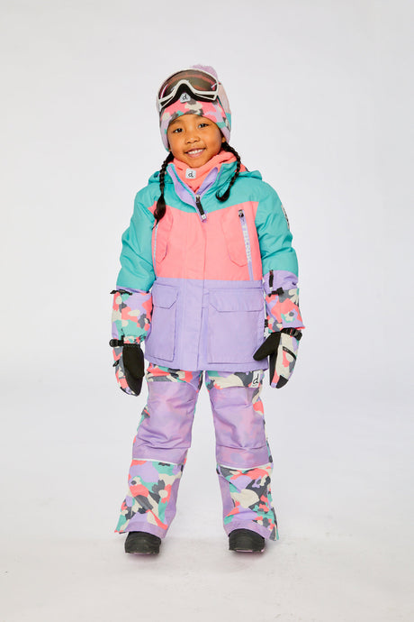 Deux par Deux girls' Teknik two-piece snowsuit in turquoise, orange and mauve – worn by child model, photo 1