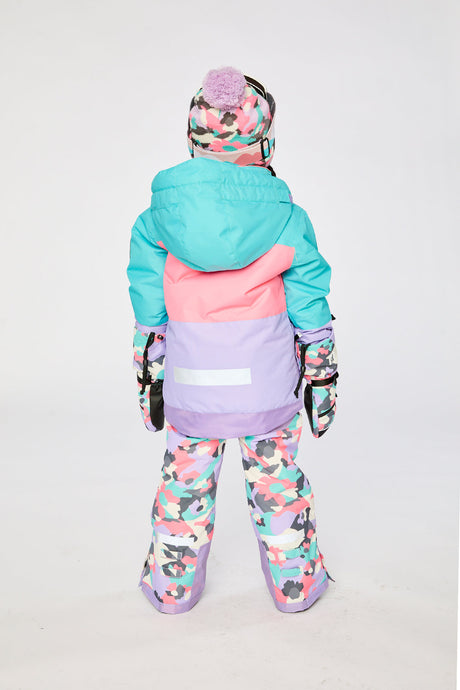 Deux par Deux girls' Teknik two-piece snowsuit in turquoise, orange and mauve – worn by child model, photo 3