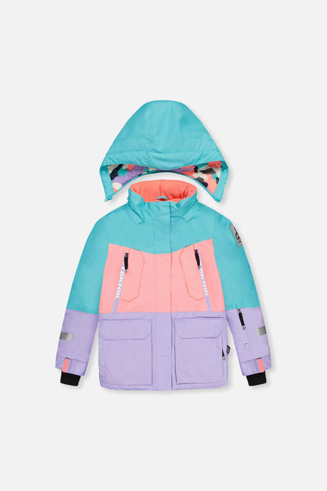 Deux par Deux girls' Teknik two-piece snowsuit in turquoise, orange and mauve – product view 2