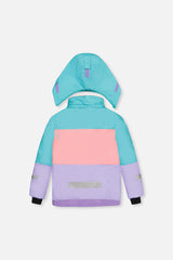Deux par Deux girls' Teknik two-piece snowsuit in turquoise, orange and mauve color-block – jacket, back view