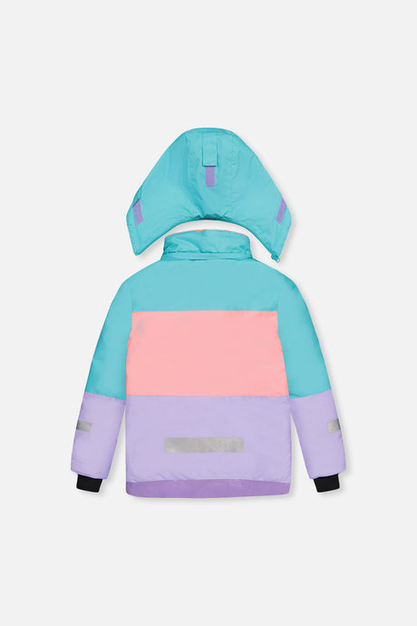 Deux par Deux girls' Teknik two-piece snowsuit in turquoise, orange and mauve – product view 3