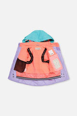 Deux par Deux girls' Teknik two-piece snowsuit in turquoise, orange and mauve color-block – jacket open to show the lining