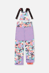 Deux par Deux girls' Teknik two-piece snowsuit in turquoise, orange and mauve color-block – snow pants, back view