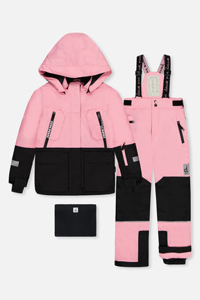 Deux par Deux girls' Teknik two-piece snowsuit in pink, jacket and snow pants front view