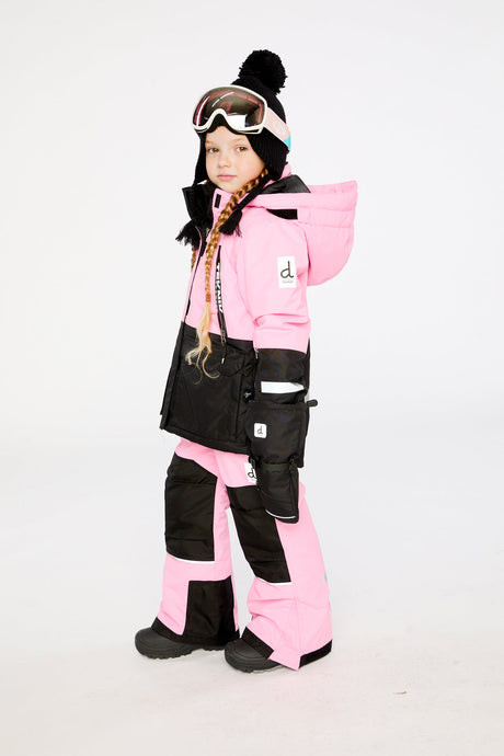 Child wearing the pink Deux par Deux Teknik two-piece snowsuit, lookbook photo 3