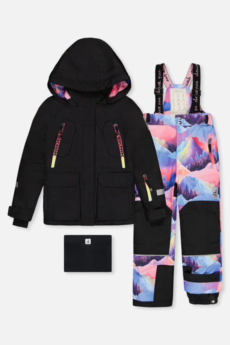 Deux par Deux girls' Teknik two-piece snowsuit, pink with blue mountain print – main product photo