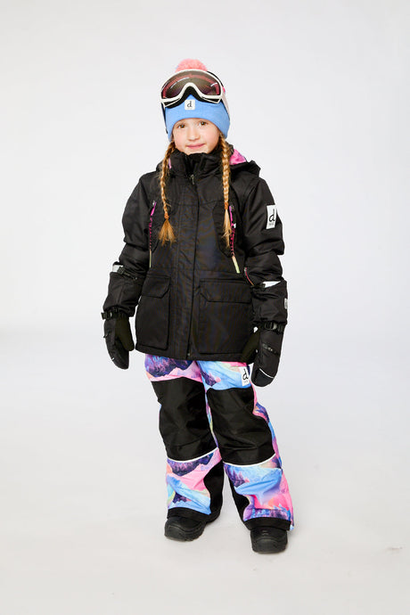 Deux par Deux girls' Teknik two-piece snowsuit, pink with blue mountain print – worn by child model, photo 1