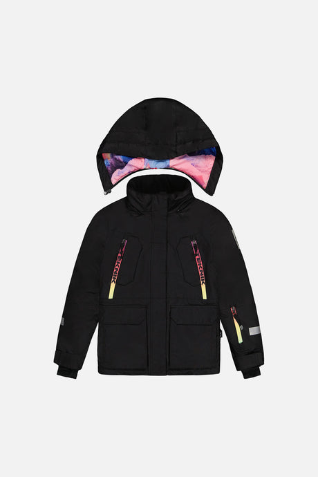 Deux par Deux girls' Teknik two-piece snowsuit, pink with blue mountain print – product view 2