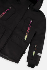 Deux par Deux girls' Teknik snowsuit, black jacket and pink-blue mountain print pants – jacket detail close-up