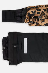 Deux par Deux girls' Teknik two-piece snowsuit, leopard print jacket with black pants – sleeve cuff and pant hem details