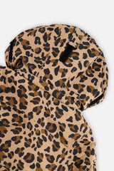Deux par Deux girls' Teknik two-piece snowsuit, leopard print jacket with black pants – hood close-up