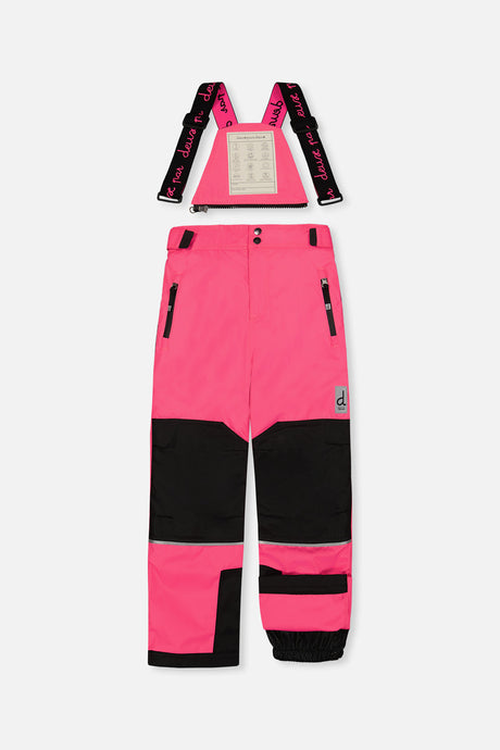 Deux par Deux girls' TEKNIK two-piece snowsuit in bright pink checkered print, another studio view